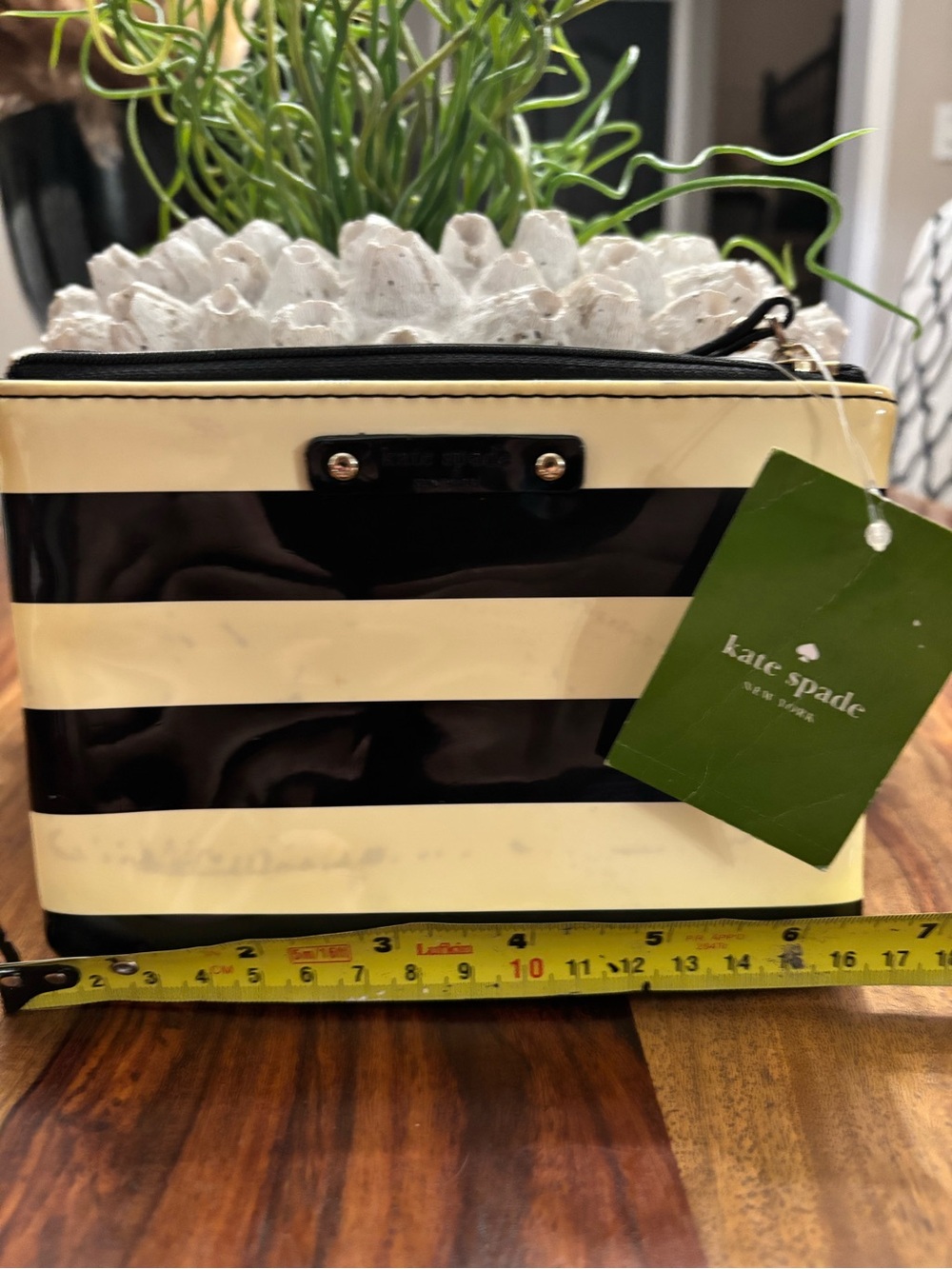 kate spade Black and Cream Striped Wristlet Pouch mini Visible marking